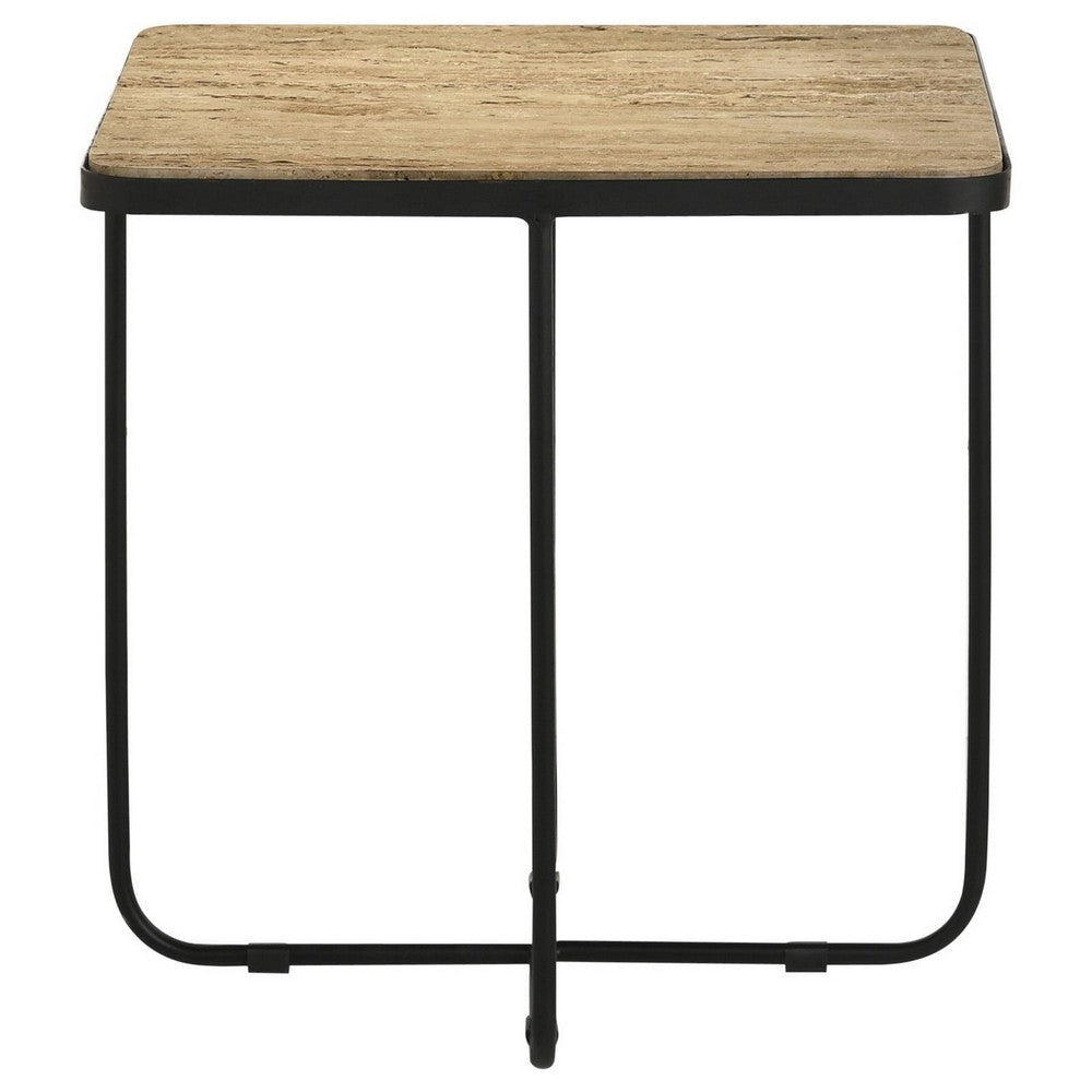 24 Inch Square Accent Side End Table Iron Travertine Marble Top Black BM302463