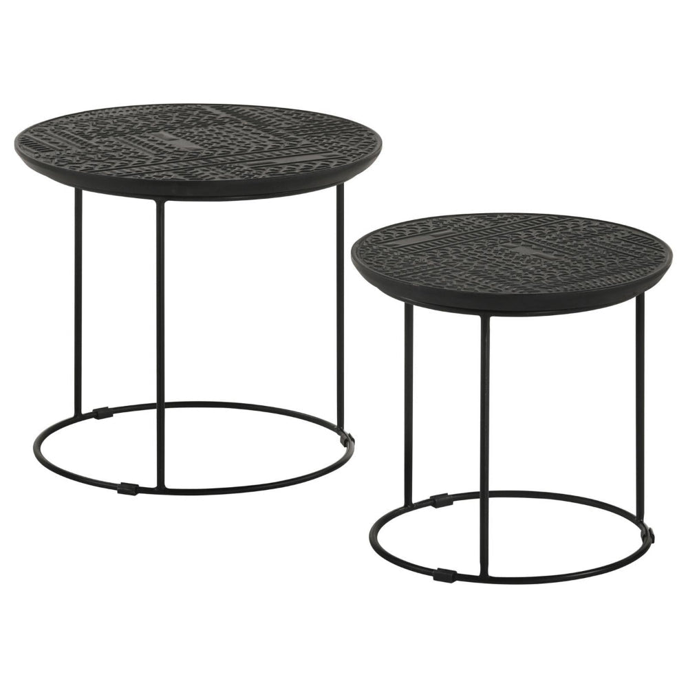 2 Piece Round Nesting Side End Table Embossed Wood Top Matte Black BM302465