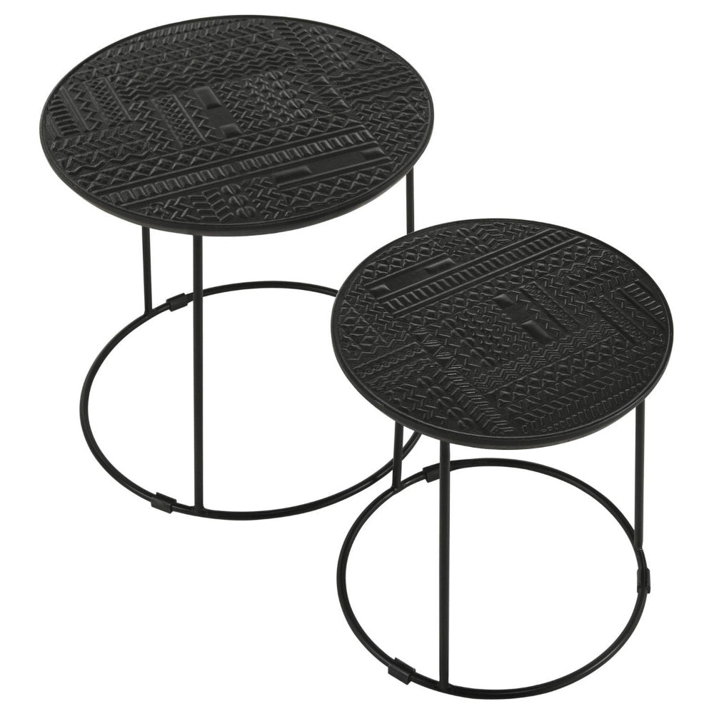 2 Piece Round Nesting Side End Table Embossed Wood Top Matte Black BM302465