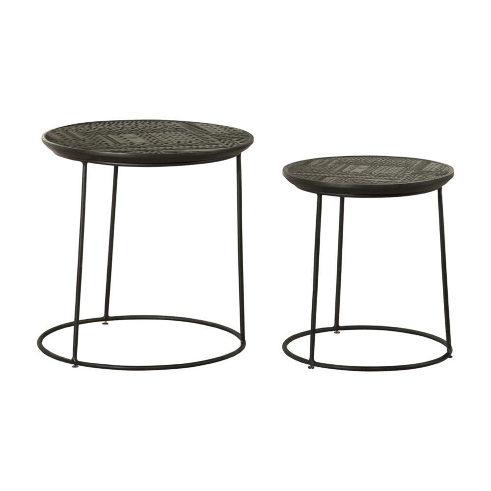 2 Piece Round Nesting Side End Table, Embossed Wood Top, Matte Black