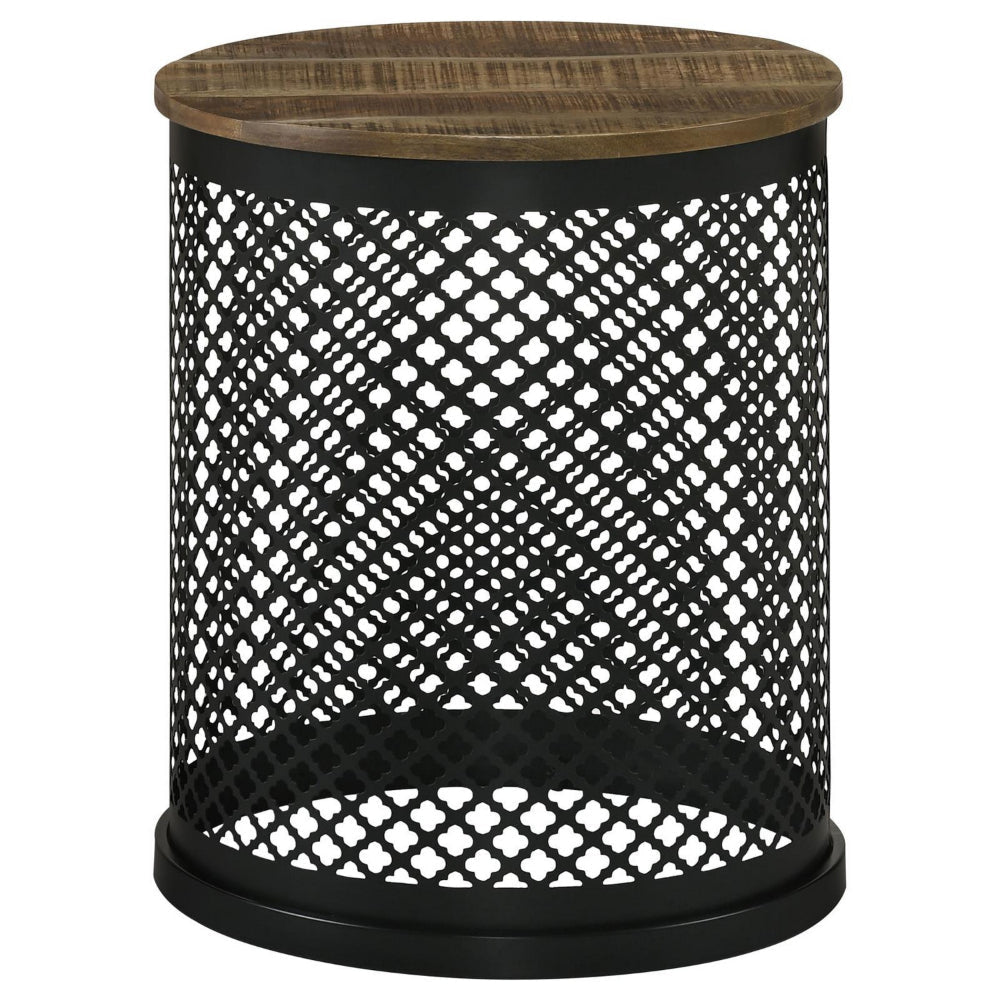 22 Inch Round Accent Table with Crossed Lattice Metal Drum Base Black BM302467