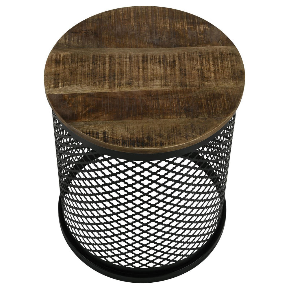 22 Inch Round Accent Table with Crossed Lattice Metal Drum Base Black BM302467