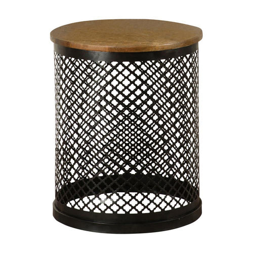 22 Inch Round Accent Table with Crossed Lattice Metal Drum Base, Black