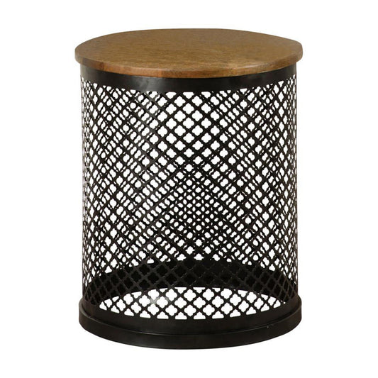22 Inch Round Accent Table with Crossed Lattice Metal Drum Base, Black