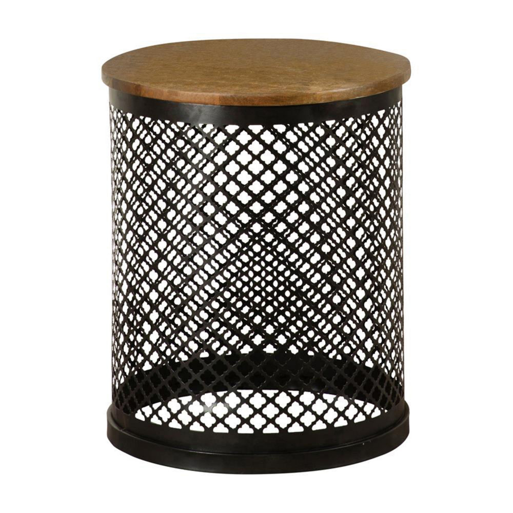 22 Inch Round Accent Table with Crossed Lattice Metal Drum Base, Black