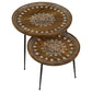 2 Piece Round Nesting Tray Top Table Set, Carved Edges, Motif Design, Brown By Casagear Home