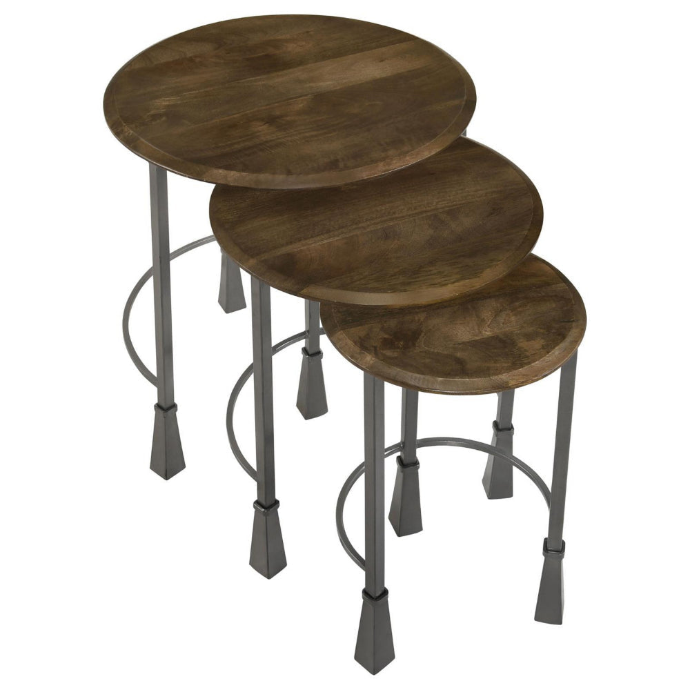 3 Piece Round Nesting End Table Set Sleek Gray Iron Legs Mango Brown Wood By Casagear Home BM302469