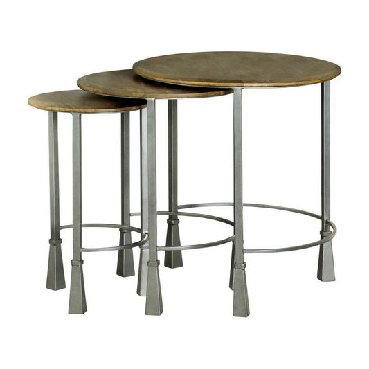 3 Piece Round Nesting End Table Set, Sleek Gray Iron Legs, Mango Brown Wood By Casagear Home