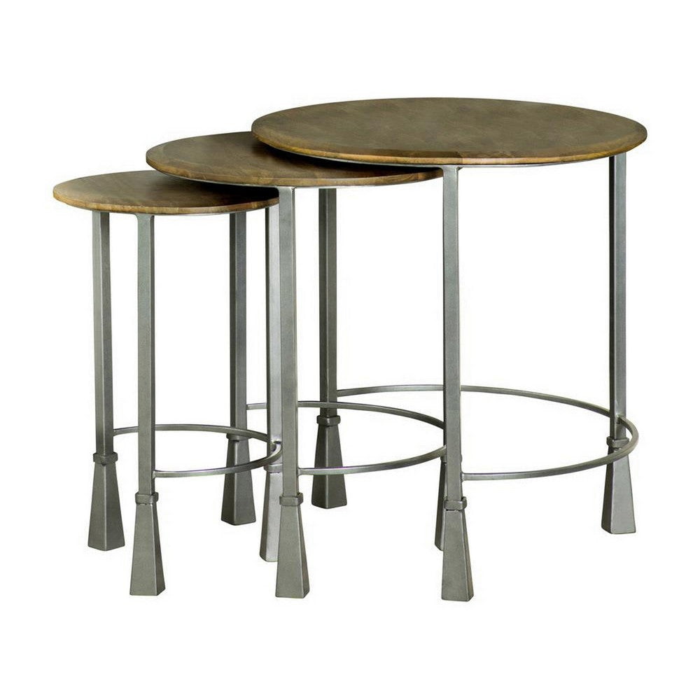 3 Piece Round Nesting End Table Set Sleek Gray Iron Legs Mango Brown Wood By Casagear Home BM302469