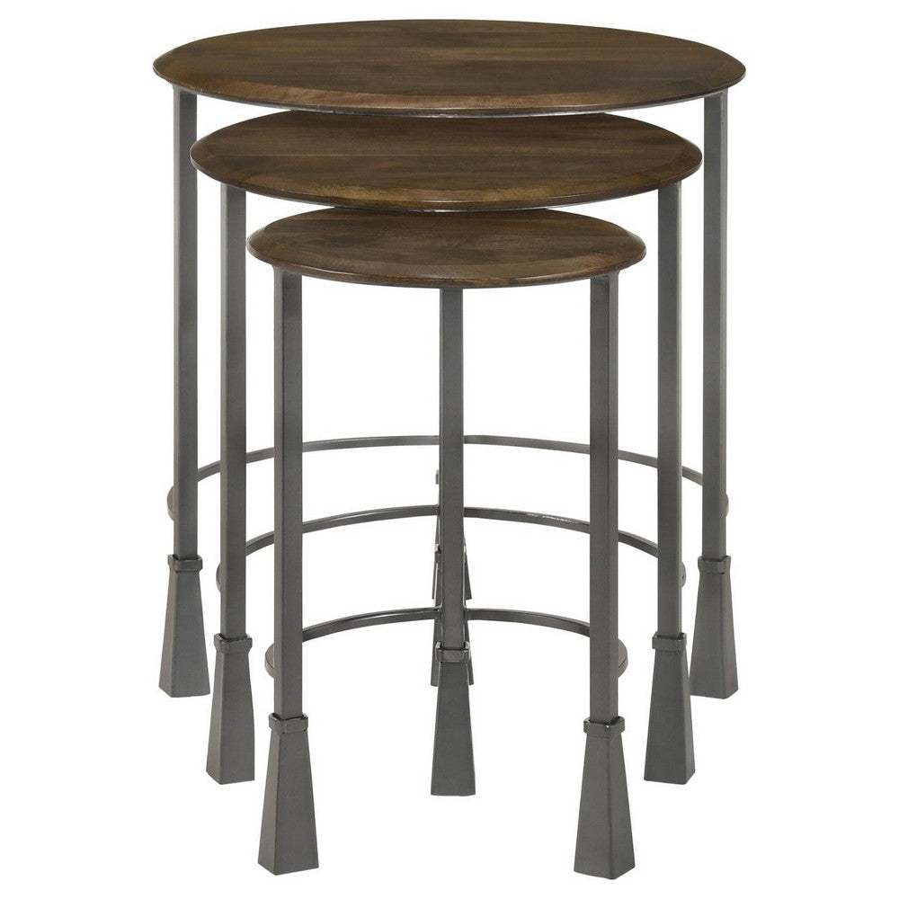 3 Piece Round Nesting End Table Set Sleek Gray Iron Legs Mango Brown Wood By Casagear Home BM302469