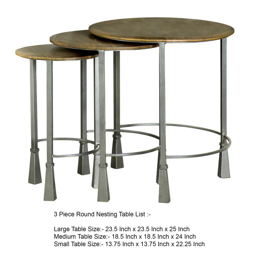 3 Piece Round Nesting End Table Set Sleek Gray Iron Legs Mango Brown Wood By Casagear Home BM302469