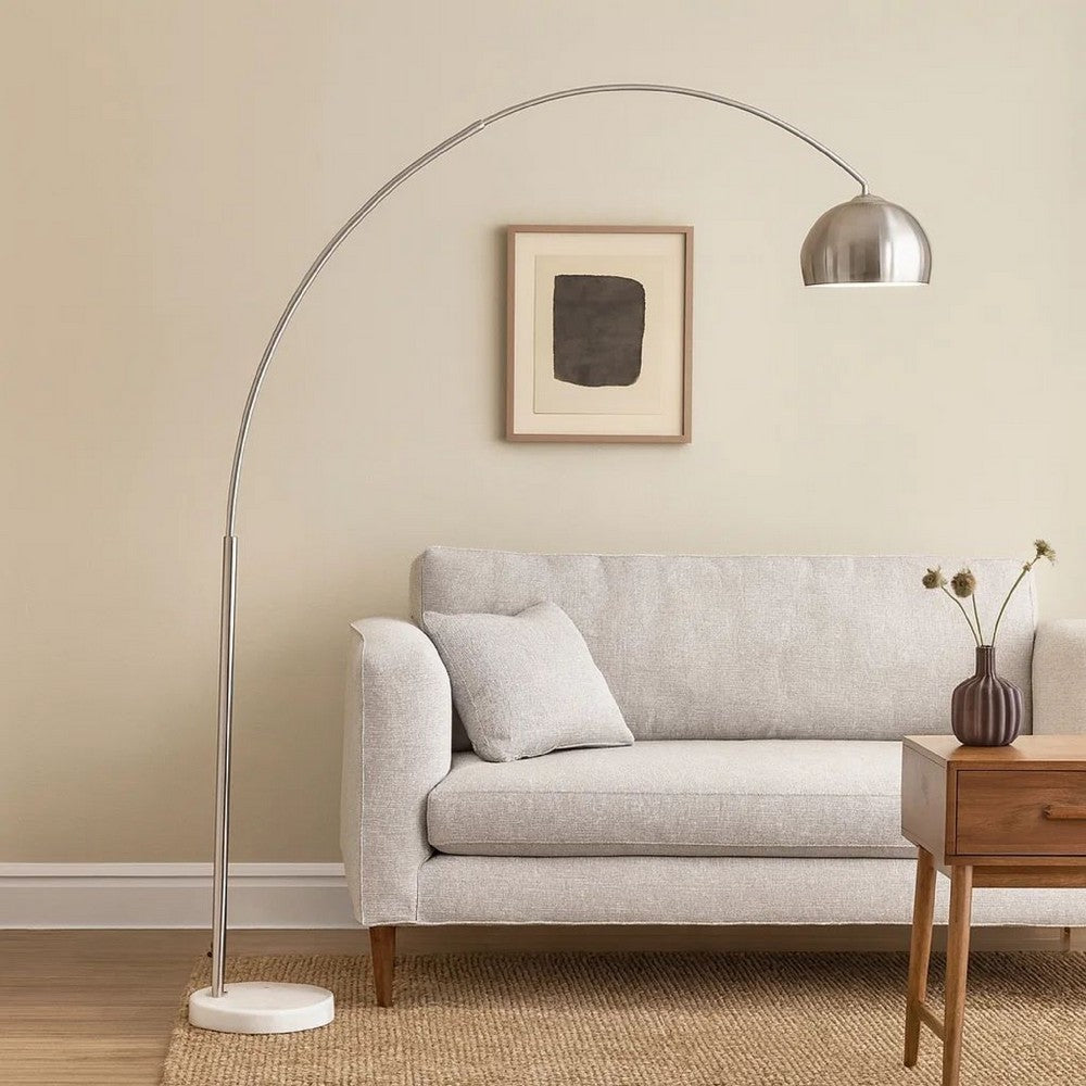 85 Inch Floor Lamp with Arched Body, Binary Switch, Marble Base, Silver By Casagear Home