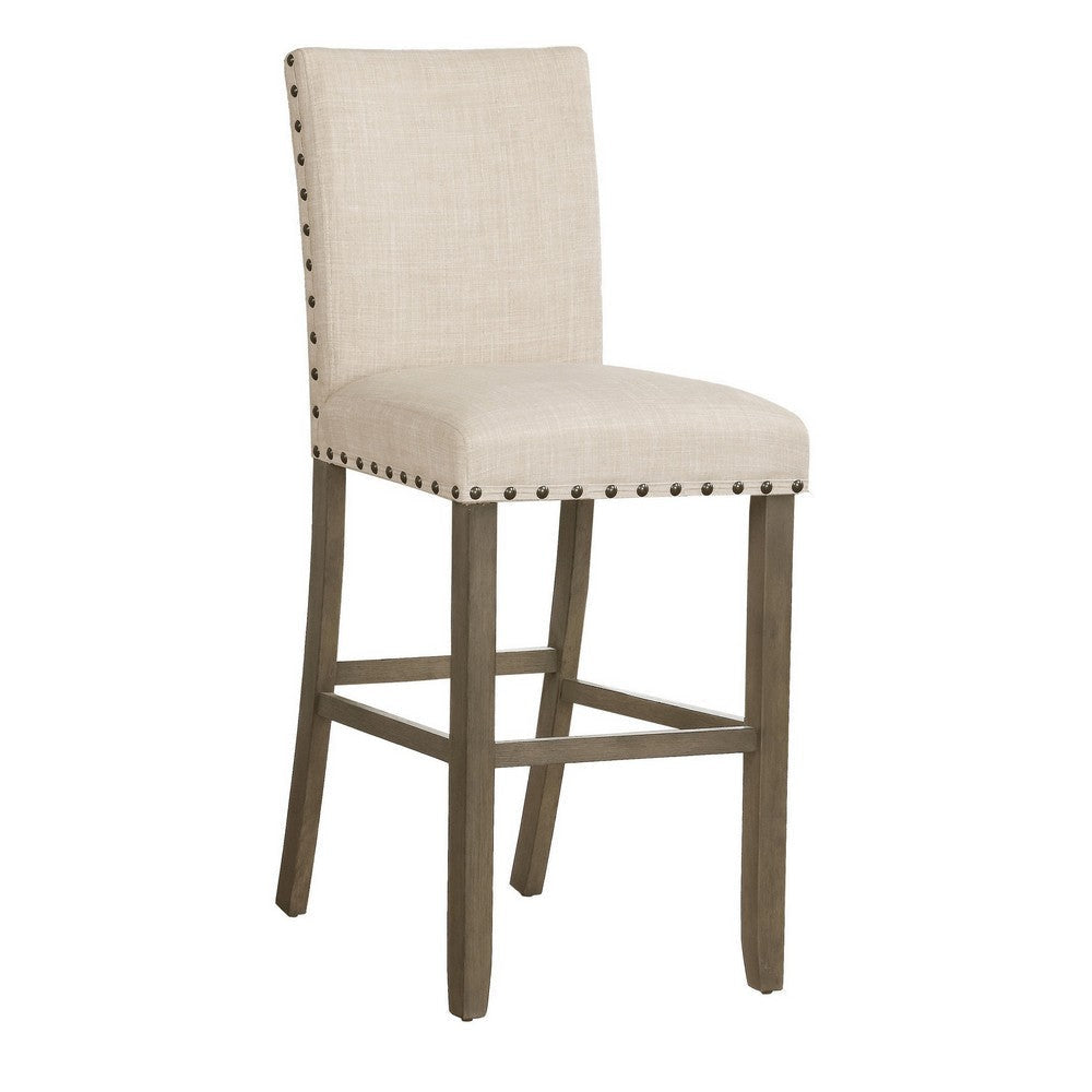 Lok 30 Inch Wood Barstool Set of 2 Nailhead Trim Padded Seating Beige By Casagear Home BM302479