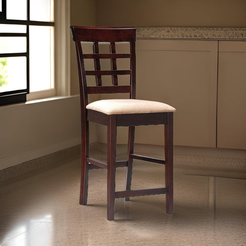 25 Inch Counter Height Stool, Lattice Design Back, Tan Fabric Seat, Brown By Casagear Home