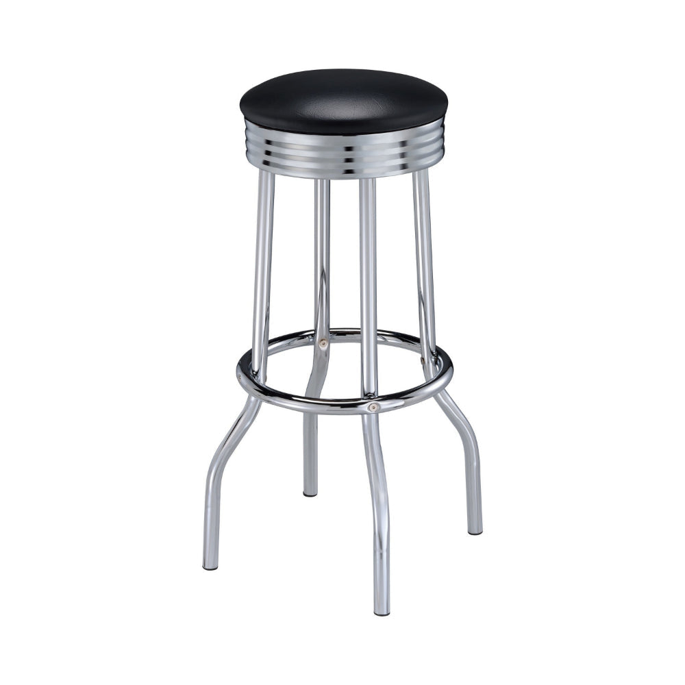 30 Inch Round Bar Stool, Set of 2, Ribbed Apron Base, Chrome, Black