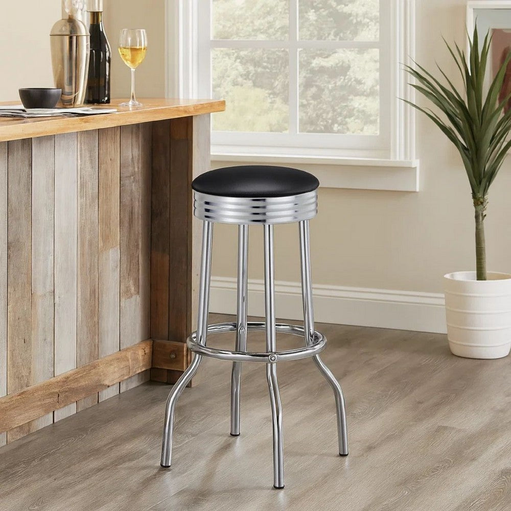 30 Inch Round Bar Stool, Set of 2, Ribbed Apron Base, Chrome, Black