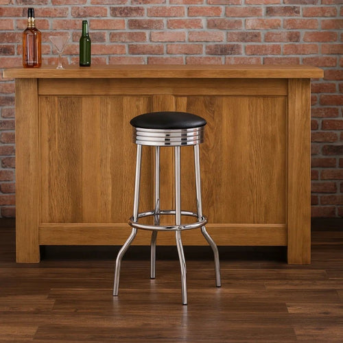 30 Inch Round Bar Stool, Set of 2, Ribbed Apron Base, Chrome, Black