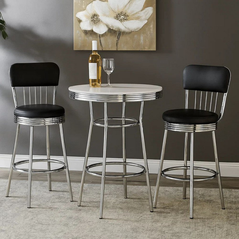 42 Inch Round Bar Table, Ribbed Apron, Glossy White Lacquer, Retro Style By Casagear Home