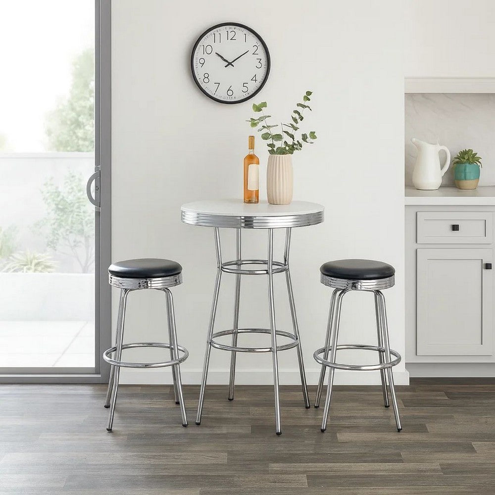 42 Inch Round Bar Table, Ribbed Apron, Glossy White Lacquer, Retro Style By Casagear Home