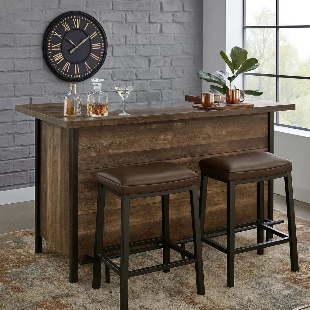 71 Inch Rectangular Home Bar Serving Unit, Storage Shelves, 2 Tiers, Brown By Casagear Home
