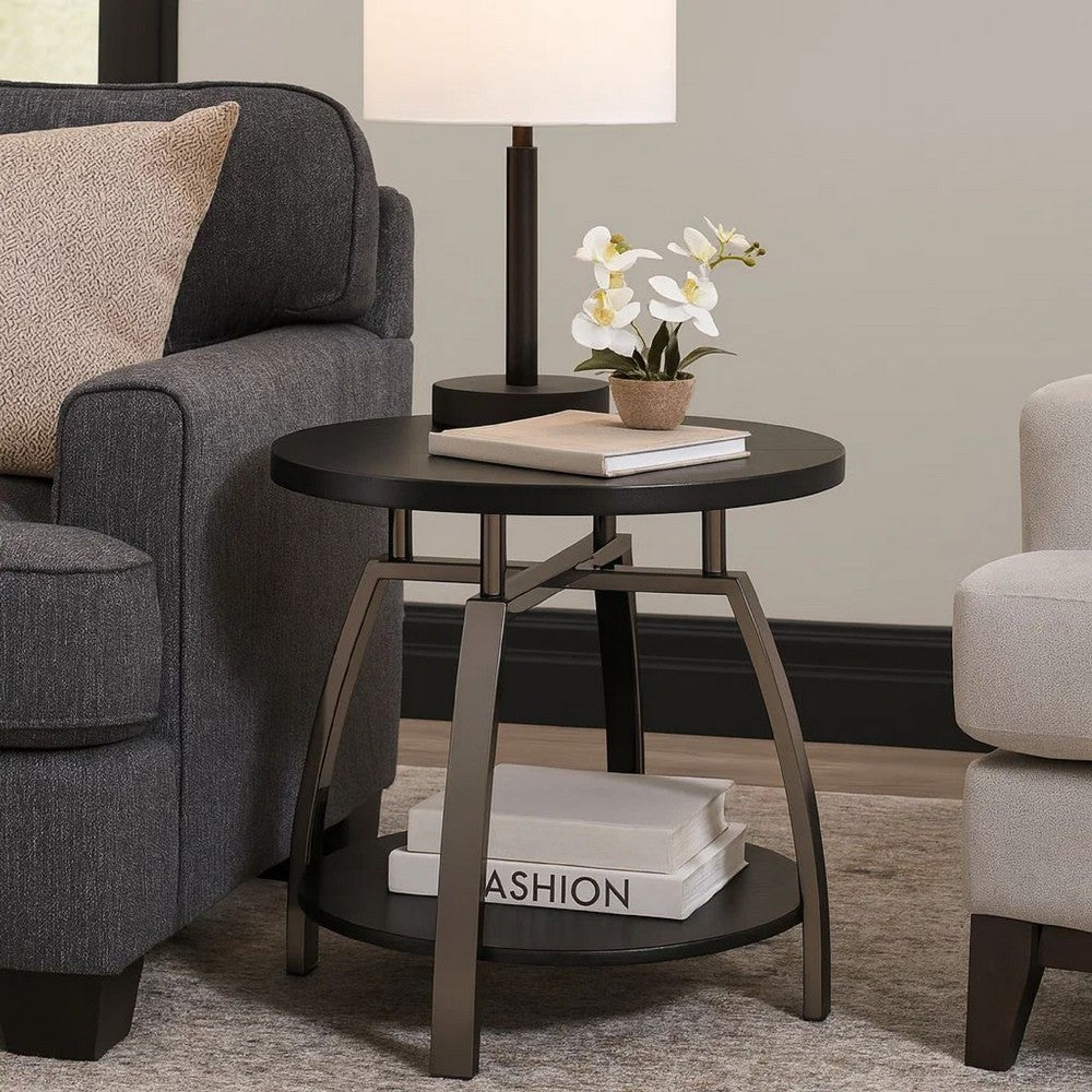 Dyn 23 Inch Round End Table, Open Shelf, Grayish Black Top, Gray Metal Legs