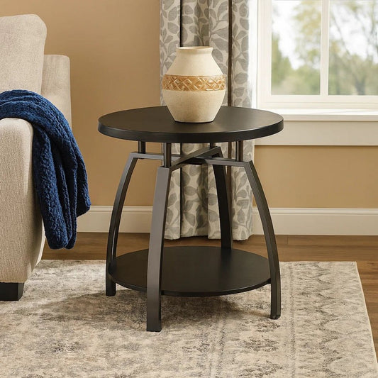 Dyn 23 Inch Round End Table, Open Shelf, Grayish Black Top, Gray Metal Legs