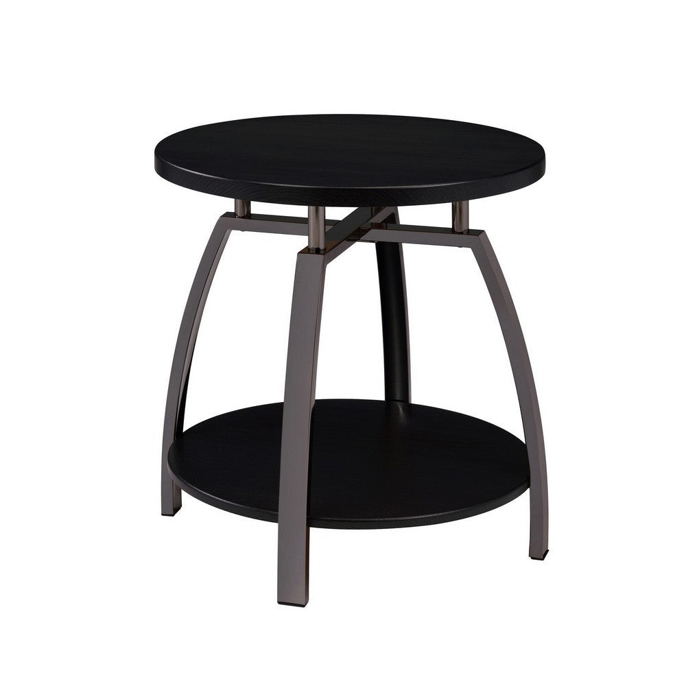Dyn 23 Inch Round End Table, Open Shelf, Grayish Black Top, Gray Metal Legs