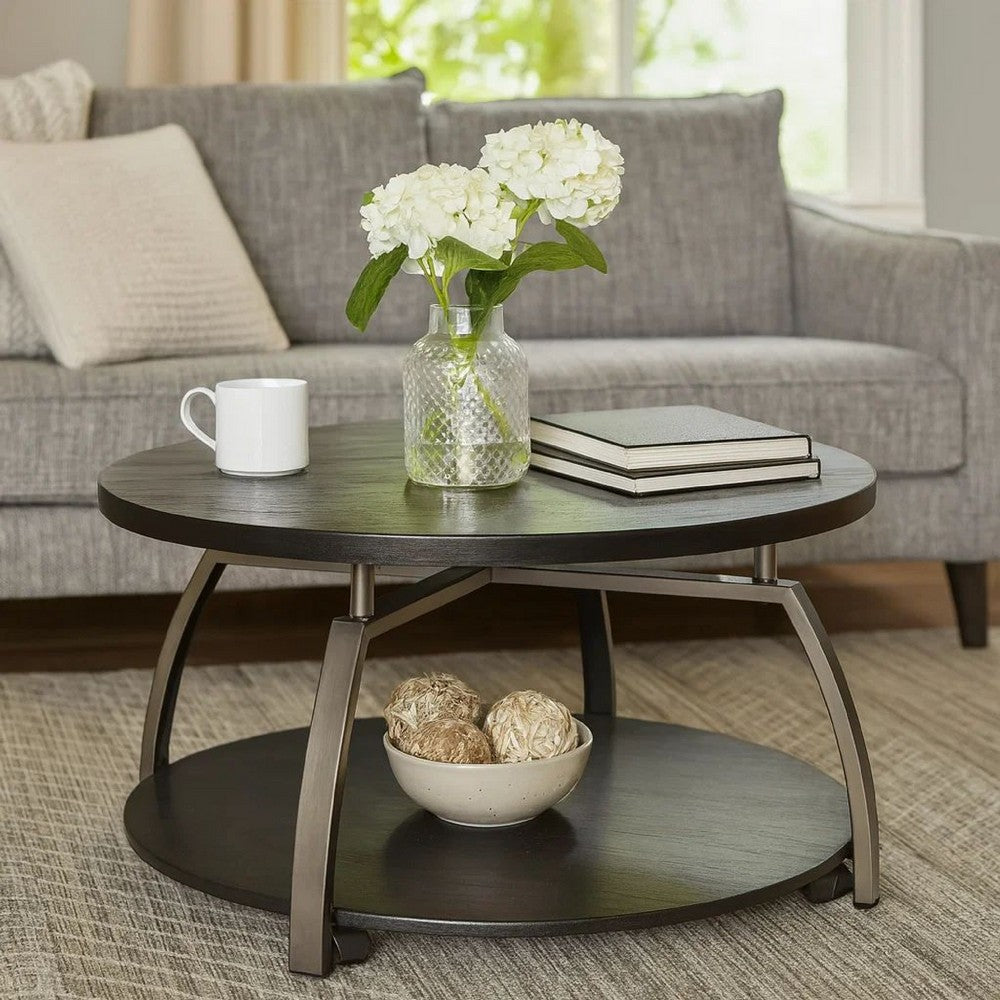Dyn 35 Inch Round Coffee Table, 1 Shelf, Grayish Black Top, Gray Metal Leg