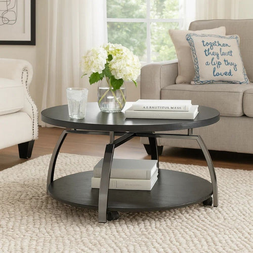 Dyn 35 Inch Round Coffee Table, 1 Shelf, Grayish Black Top, Gray Metal Leg