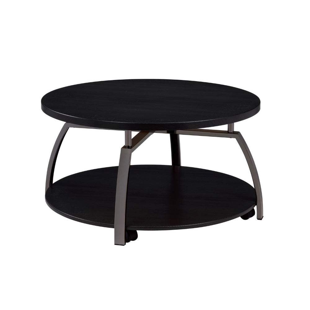 Dyn 35 Inch Round Coffee Table, 1 Shelf, Grayish Black Top, Gray Metal Leg