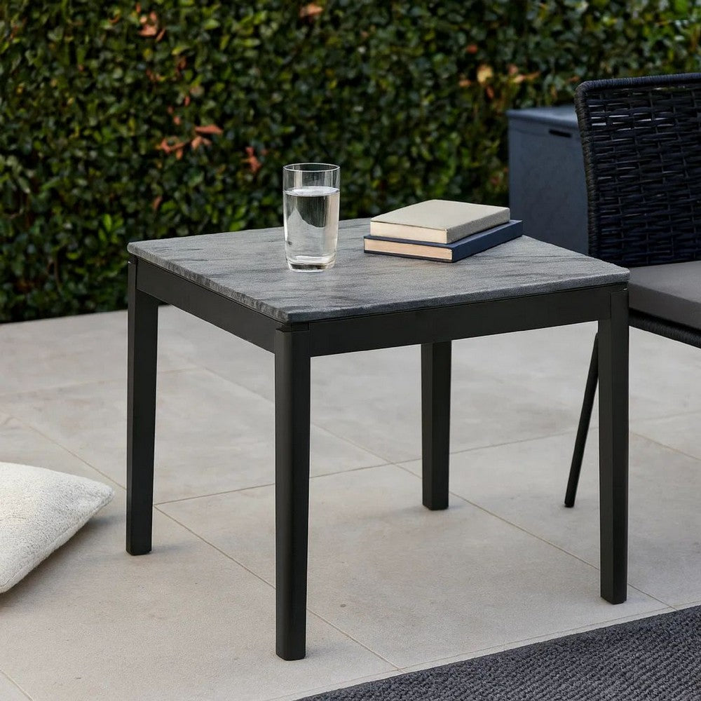 Kyo 24 Inch End Table, Gray Faux Marble Top, Sandy Texturing, Black Legs By Casagear Home