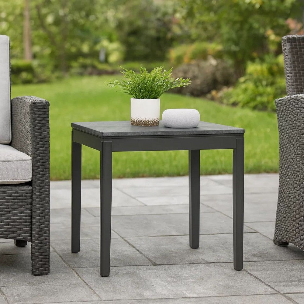 Kyo 24 Inch End Table, Gray Faux Marble Top, Sandy Texturing, Black Legs By Casagear Home