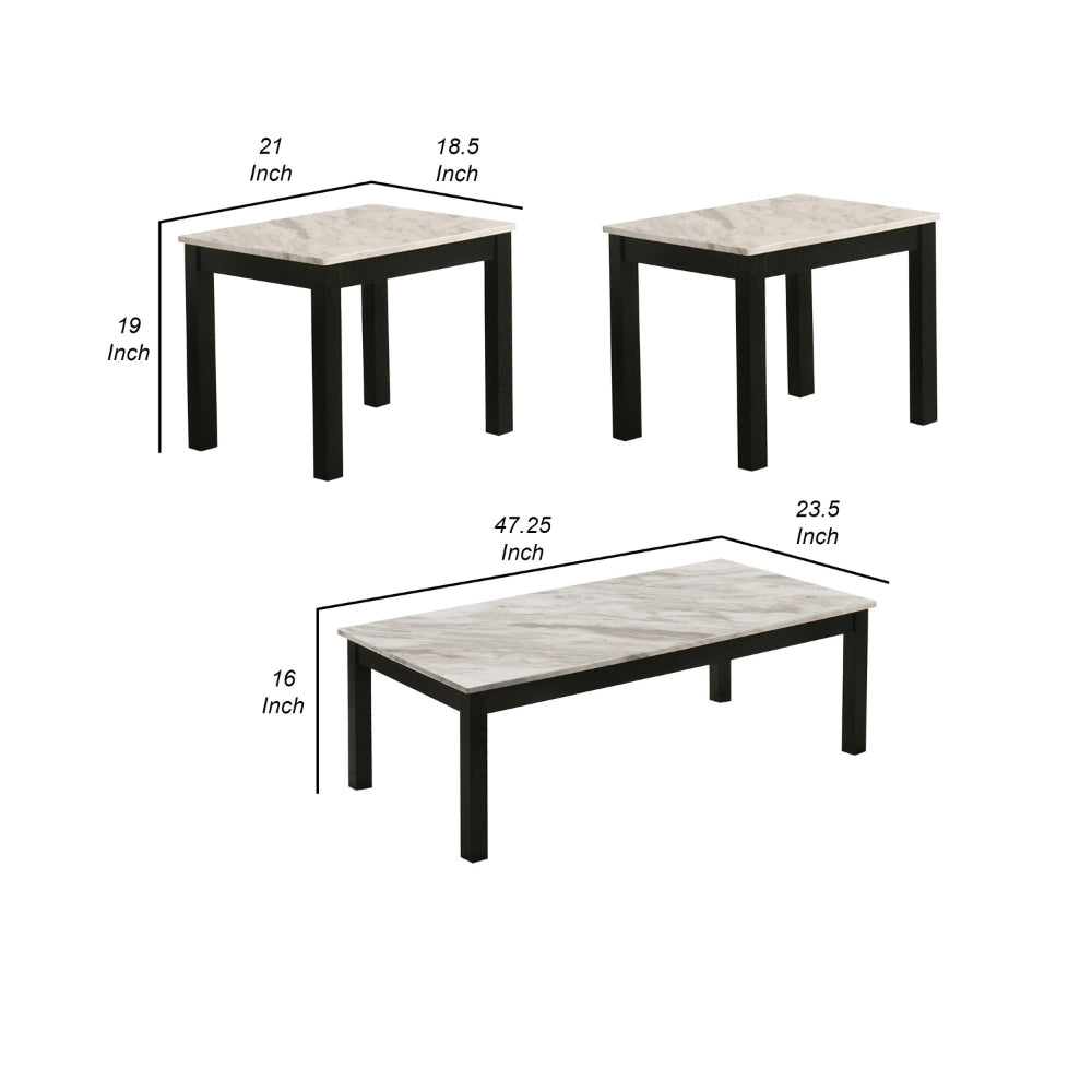 3 Piece Coffee Table and End Table Set Faux Marble Surface Black Legs By Casagear Home BM302516