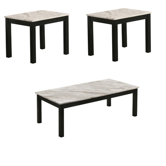 3 Piece Coffee Table and End Table Set, Faux Marble Surface, Black Legs By Casagear Home