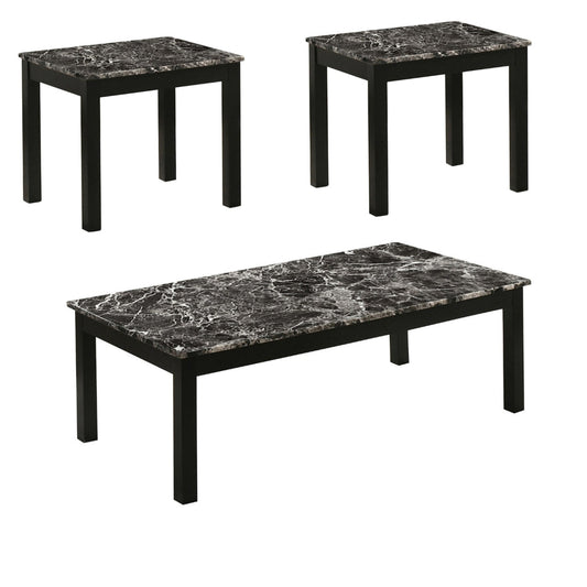 3 Piece Coffee Table and End Table Set, Faux Marble Surface, Black Motif By Casagear Home