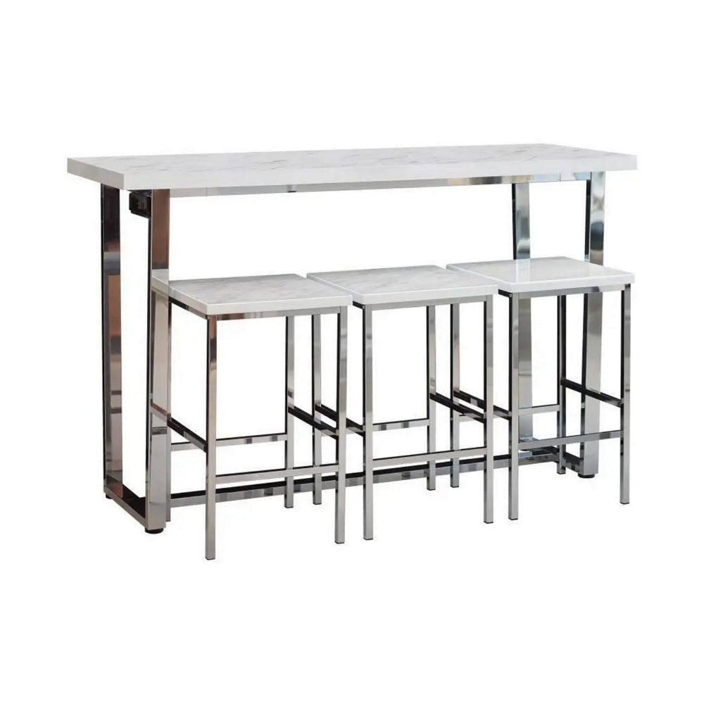 4 Piece Counter Height Slim Dining Table Set, 3 Stools, Power Outlets, Chrome