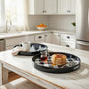 2 Piece Round Decorative Tray, Plastic Frame, Black and White Plaid Print By Casagear Home