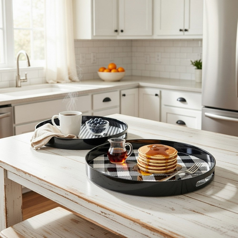 2 Piece Round Decorative Tray, Plastic Frame, Black and White Plaid Print By Casagear Home