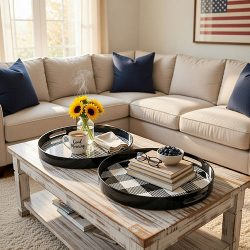 2 Piece Round Decorative Tray, Plastic Frame, Black and White Plaid Print By Casagear Home