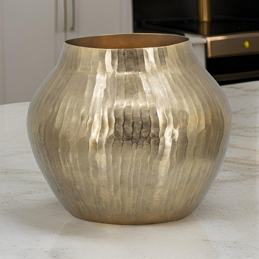 Kria 13 Inch Modern Vase, Curved Shape, Hammered Texture, Gold Metal Finish By Casagear Home