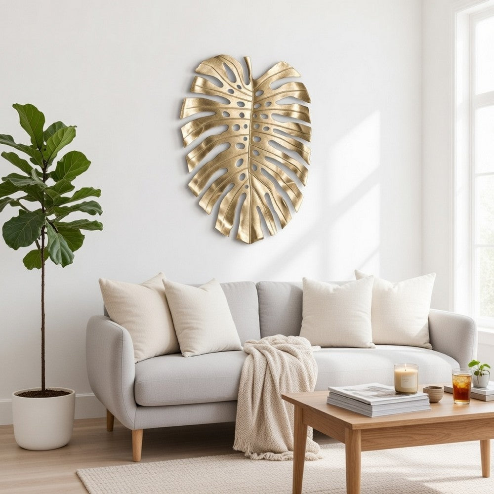 Linzo 25 Inch Metal Wall Hanging Decor, Monstera Leaf, Bright Gold Finish By Casagear Home