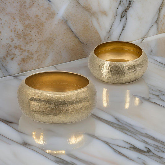 2 Piece Rounded Decorative Bowls, Gold Metal Hammered Texture, Wide Ingress By Casagear Home