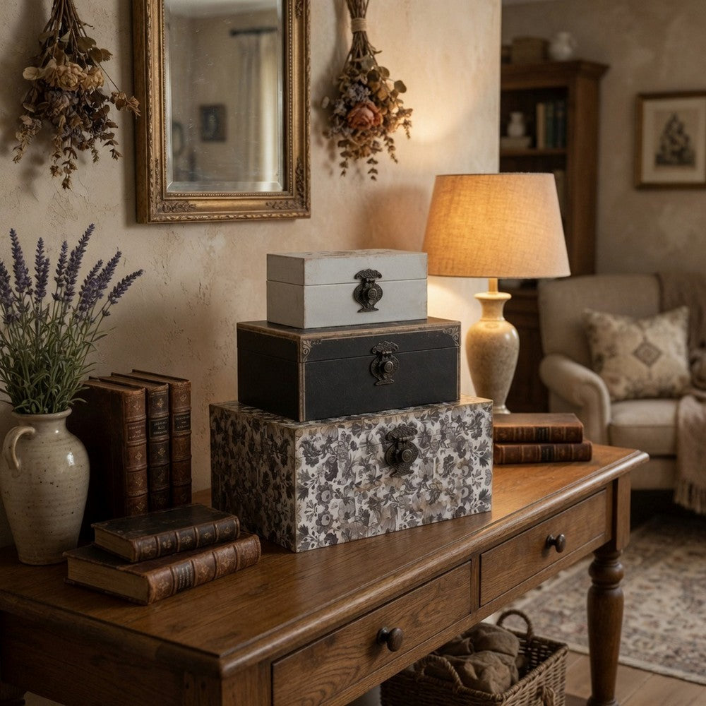 Leo Set of 3 Storage Boxes, Vegan Leather Lining, Ornate Printed Designs By Casagear Home