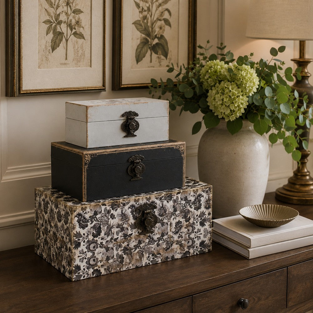 Leo Set of 3 Storage Boxes, Vegan Leather Lining, Ornate Printed Designs By Casagear Home