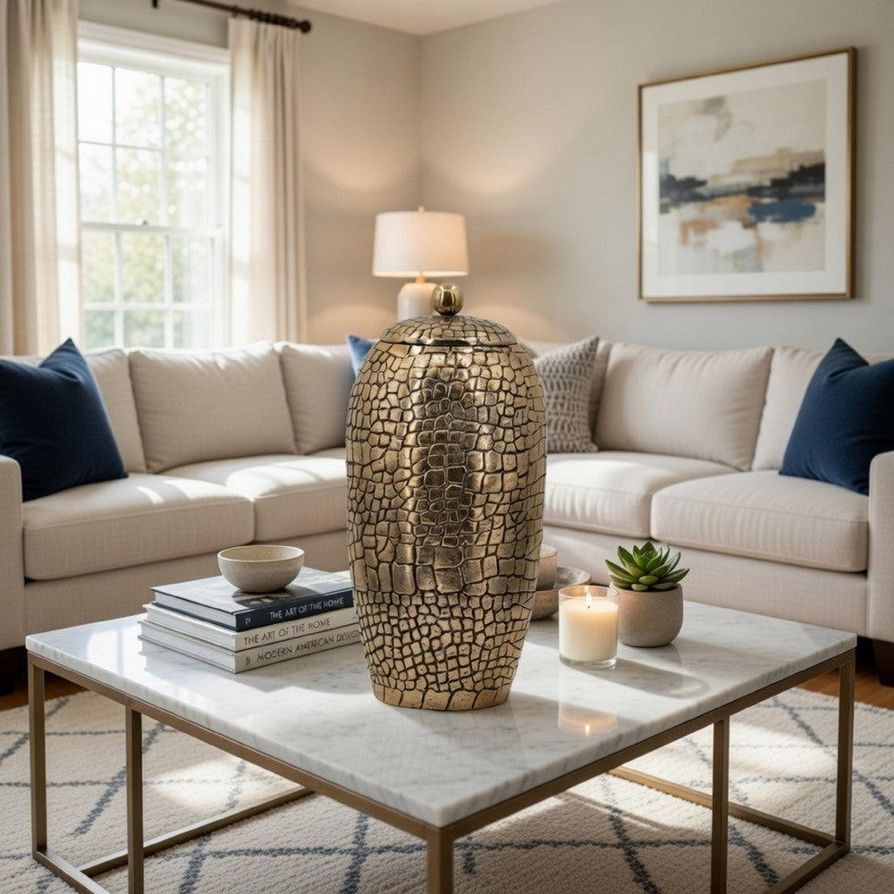 15 Inch Aluminum Urn, Lidded Top, Hammered Texture, Antique Gold Finish By Casagear Home