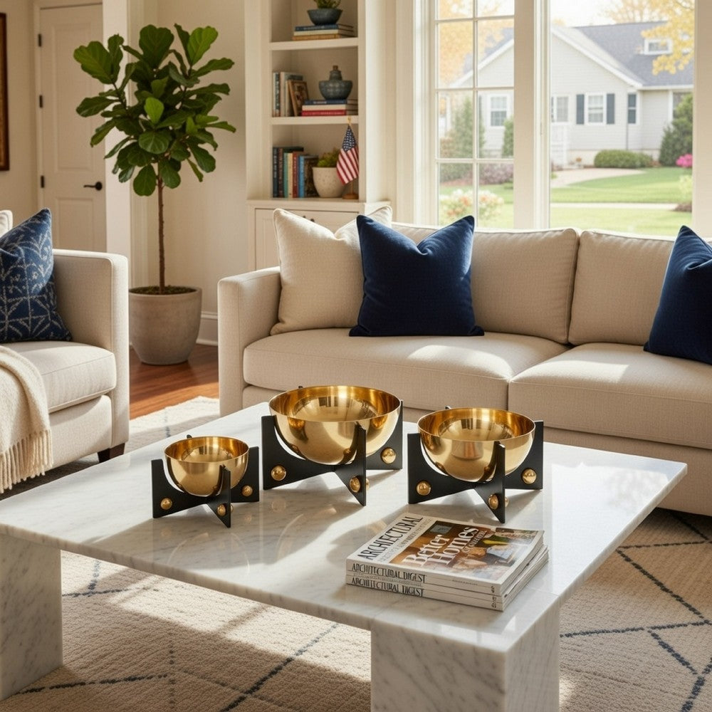 Set of 3 Aluminum Round Decorative Bowls, Gold Finish, Jet Black Stand By Casagear Home