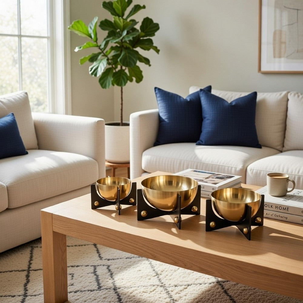 Set of 3 Aluminum Round Decorative Bowls, Gold Finish, Jet Black Stand By Casagear Home