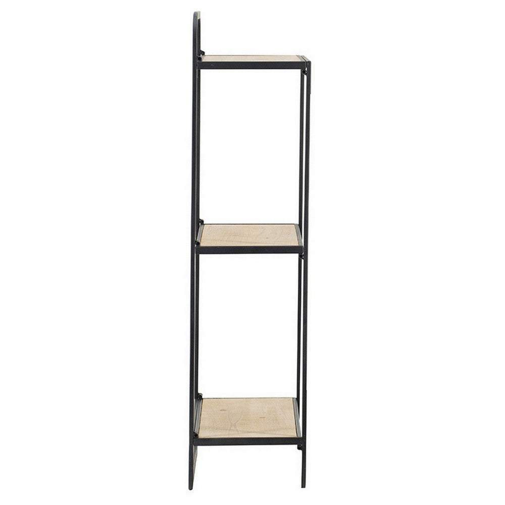 32 Inch Shelving Unit, Black Curved Iron Frame, Three Fir Wood Shelves By Casagear Home