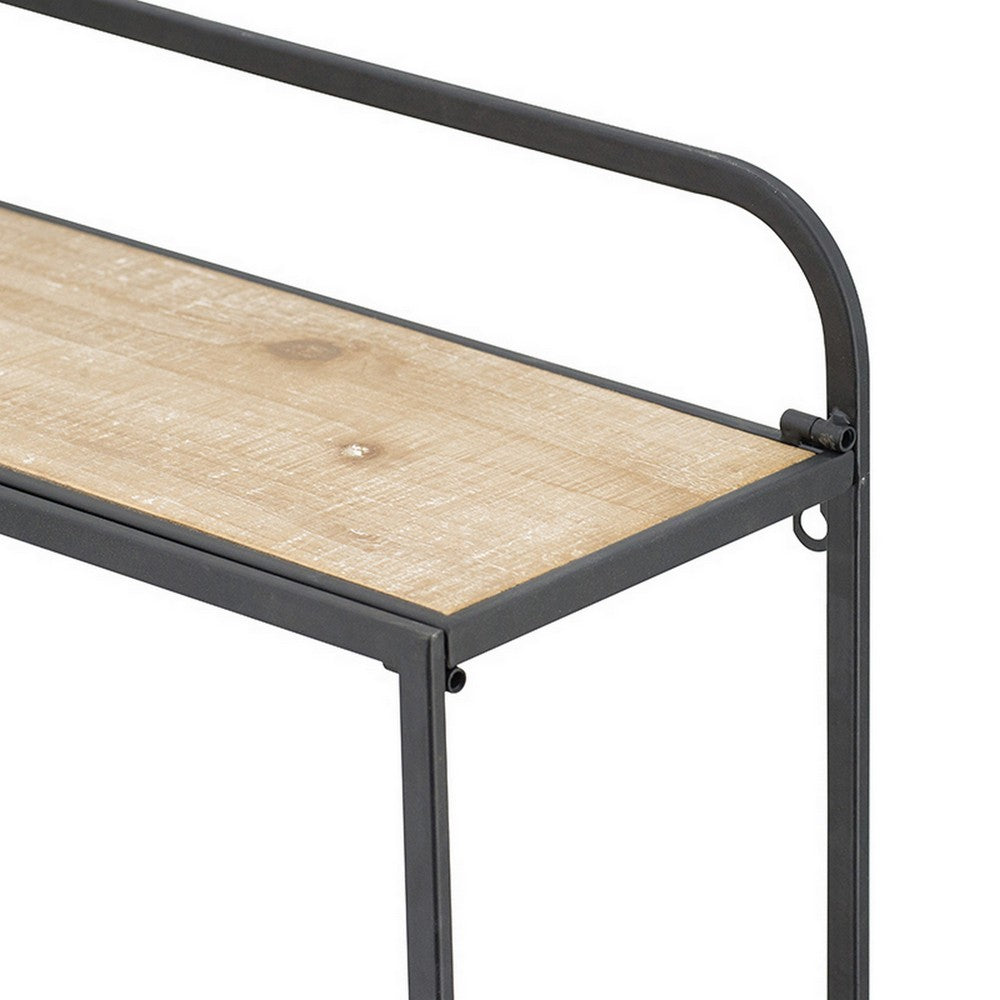 32 Inch Shelving Unit, Black Curved Iron Frame, Three Fir Wood Shelves By Casagear Home
