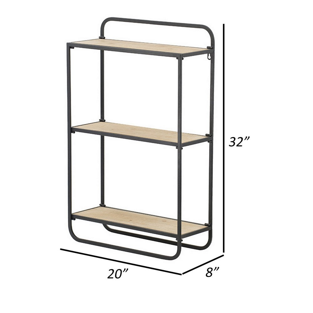 32 Inch Shelving Unit, Black Curved Iron Frame, Three Fir Wood Shelves By Casagear Home